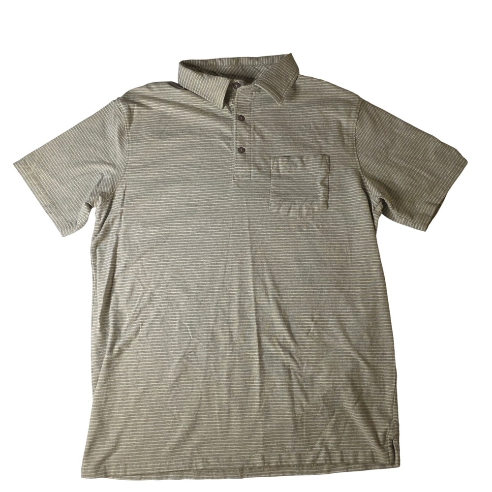 Fish‎ Hippie Co Mens Large Tan White Striped Short Sleeve Pocket Polo Shirt L